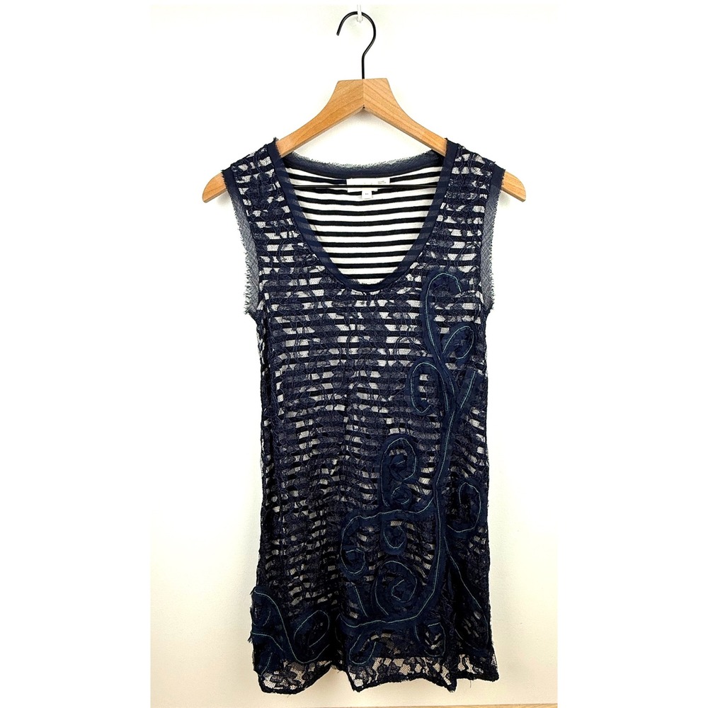 Meadow Rue Anthropologie Dress XS Blue Striped Sleeveless‎ Lace Embellished